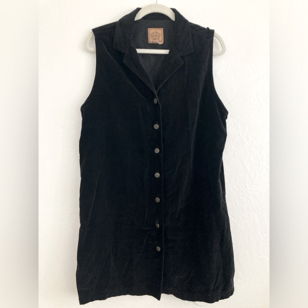 A.M.I Vintage Black Velvet Midi Dress Sleeveless Button Down Collared Sz Medium